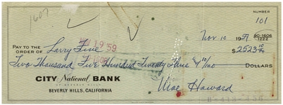 Moe Howard Check Signed to Larry Fine -- Endorsed by Larry on Verso -- Dated 10 November 1959 -- Measures 8.25'' x 3'' -- Very Good Condition  